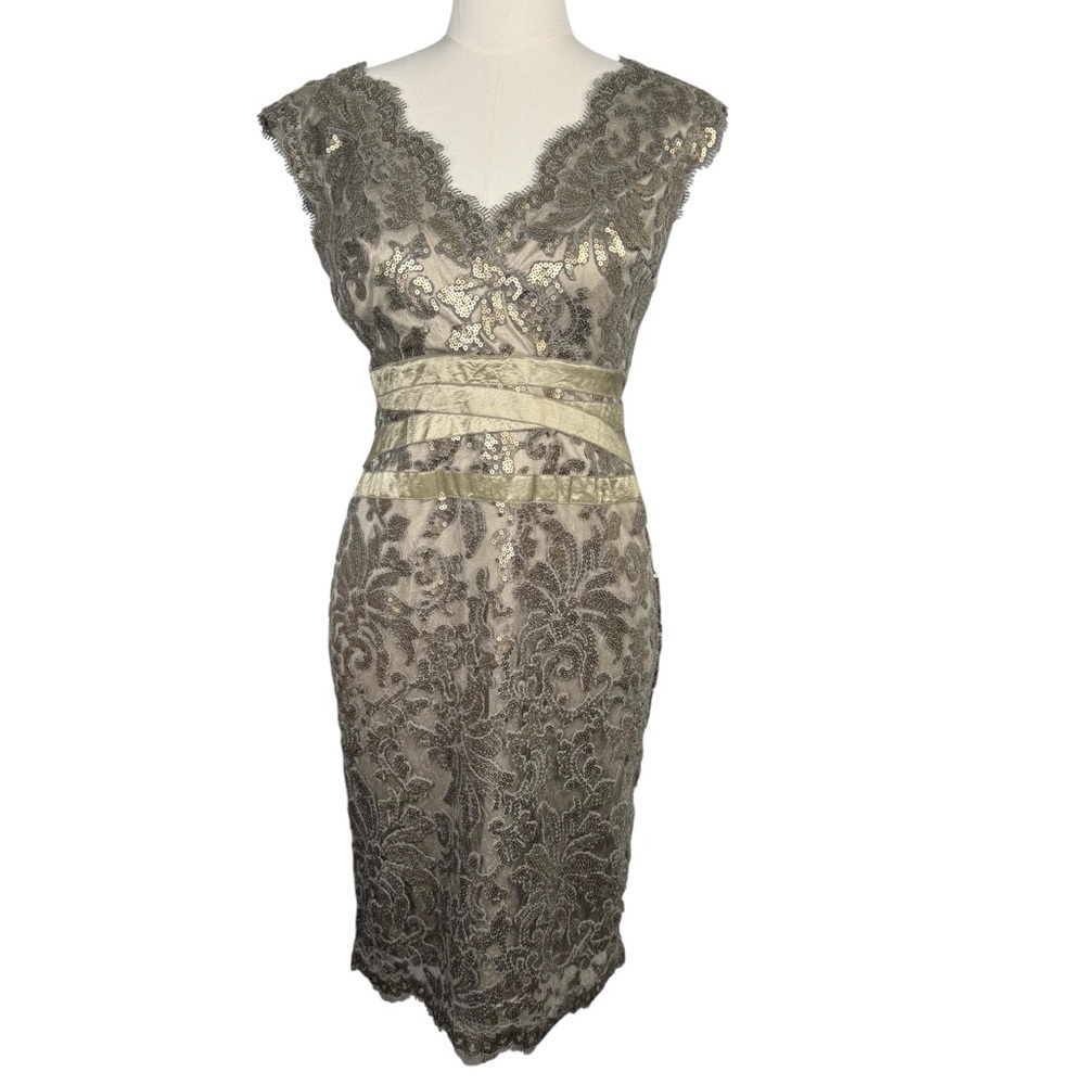 Tadashi Shoji Smoke Pearl Sequin Lace Cocktail Dress 6P
V Neck Sheath Evening - Picture 3 of 15